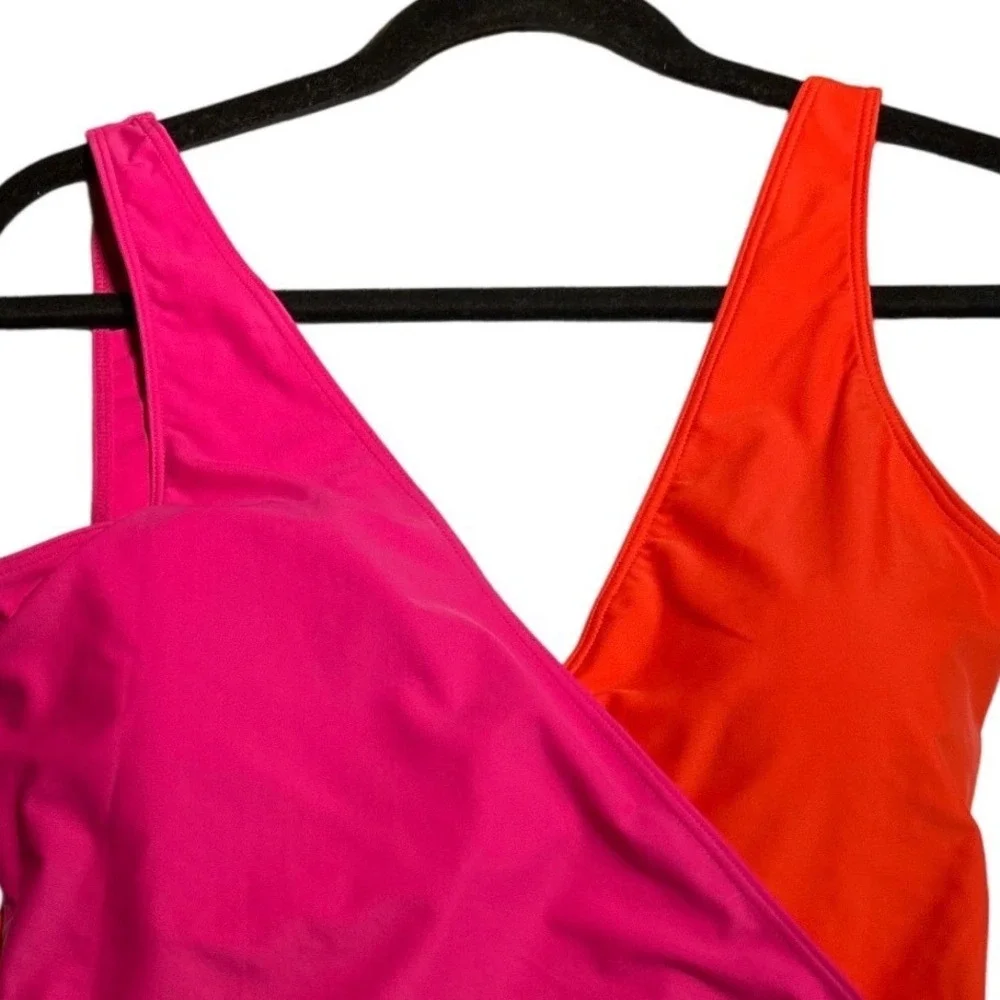 Summersalt The Perfect Wrap One-Piece Swimsuit Hibiscus Fuchsia Colorblock Sz 14